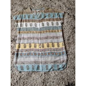 J. Jill Blue Yellow Floral Short Sleeve Button Tunic Top, Side Slits PM